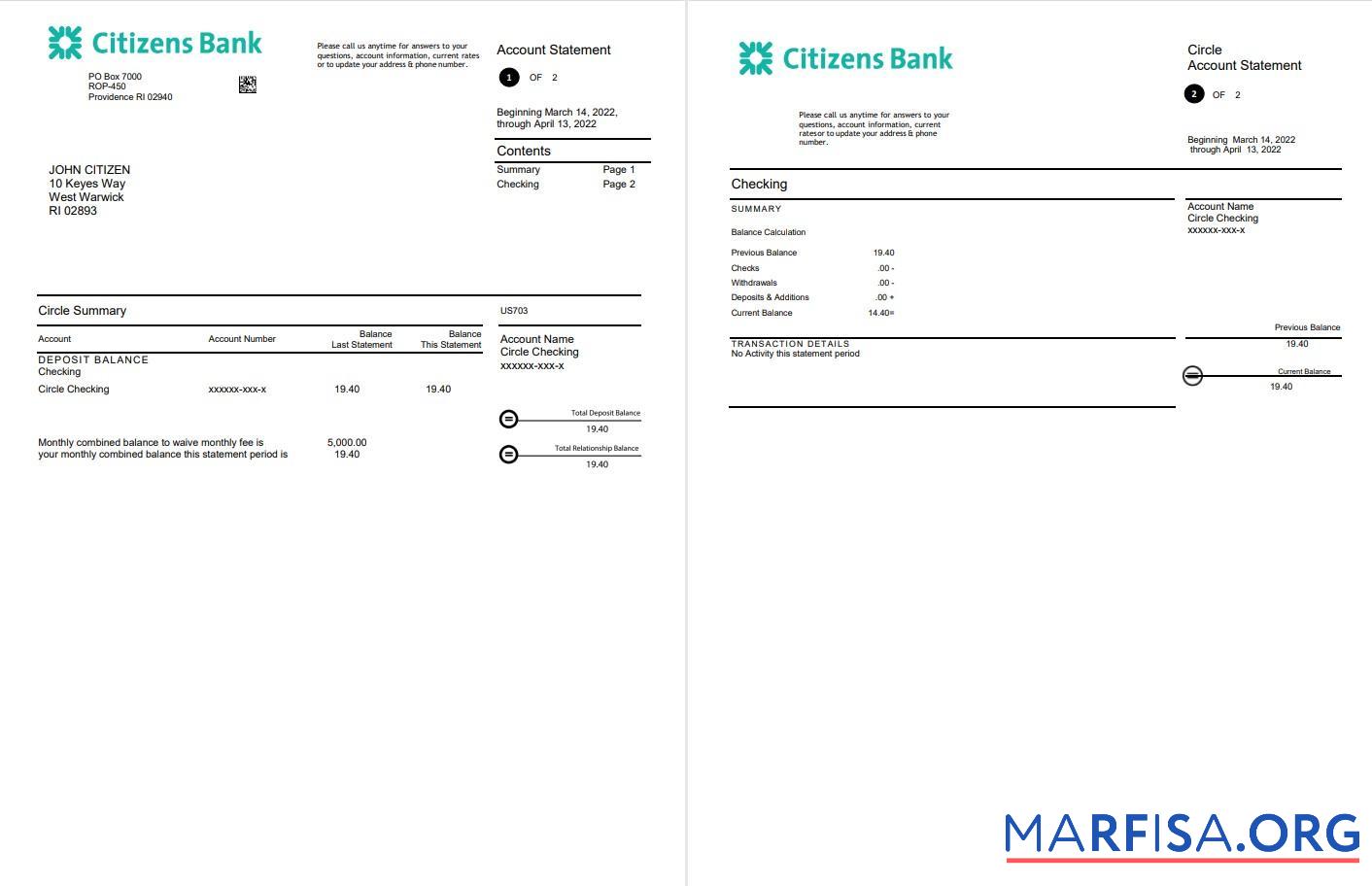 Blank USA Citizens bank word 2 pages real example
